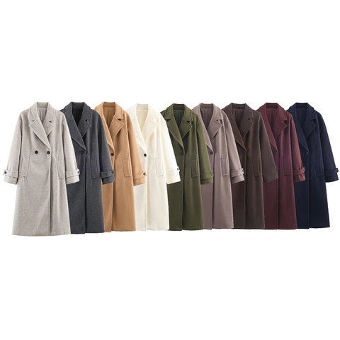 Manteau Long Femme Aspect Laine Double Boutonnage Col À Revers Coupe Ample Élégant