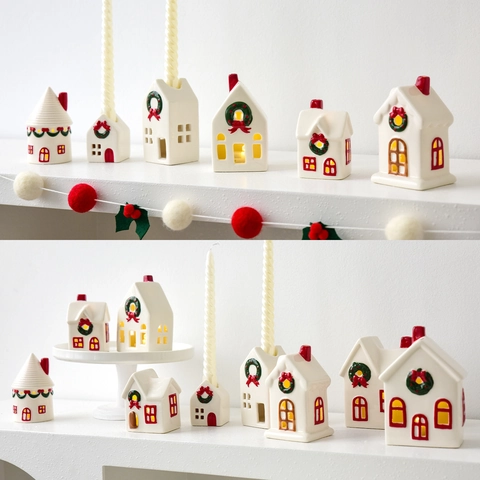 Ceramic Christmas Snowy House Ornament LED Light Up Nordic Style Desktop Decor Festive Atmosphere Candle Holder