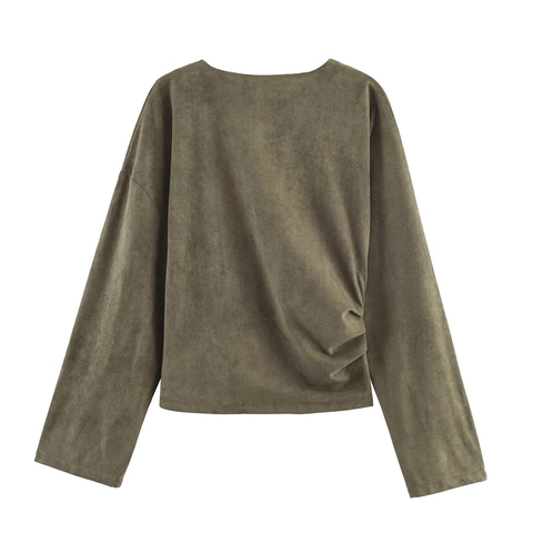 Damen Wildlederimitat Langarm Ruched Top Und Ballonhose Mit D-Ring Gürtel Streetwear Casual Herbst Outfits