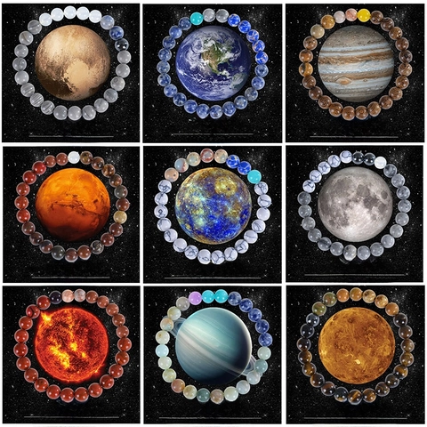 Solar System Eight Planets Natural Stone Beaded Bracelet Handmade Universe Galaxy Elastic Jewelry For Women Men