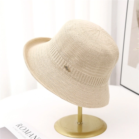 Damen Strick Fischerhut Gehäkelter Polyester Sonnenhut Mit Metallplatte Retro Rollrand Lässig Warm
