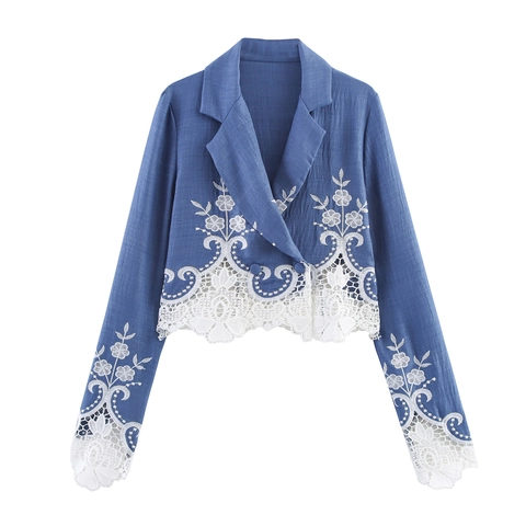 Damen Blazer Jacke Kurzarm Blau Spitze Patchwork Stickerei Elegant Pendeln Polyester Oberbekleidung Für Dame
