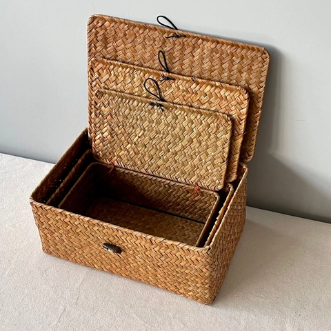 Boîte de Rangement Tissée à Main Avec Couvercle Panier en Osier Rotin Rectangulaire Boîte d'Emballage Cadeau Pour Organisation de Maison