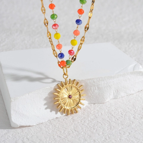 Collana a Doppio Strato in Acciaio Inossidabile Placcato Oro 18K per Donna Pendente Sole Fiore con Perline Colorate Gioielli