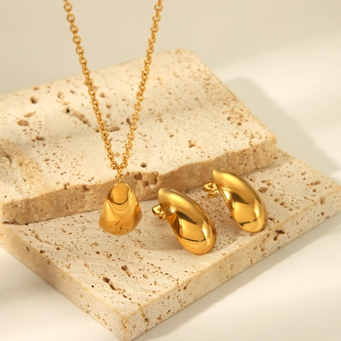 Collar con Colgante de Gota de Agua de Acero Inoxidable Minimalista Pendientes de Botón para Mujer Joyas de Moda Conmutadora Oro Pulido