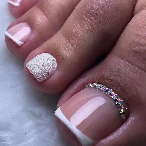 Press On Toe Nails Waterproof ABS Plastic French Tip Square Full Cover Fake Nails With Glitter Leopard Flower For Women