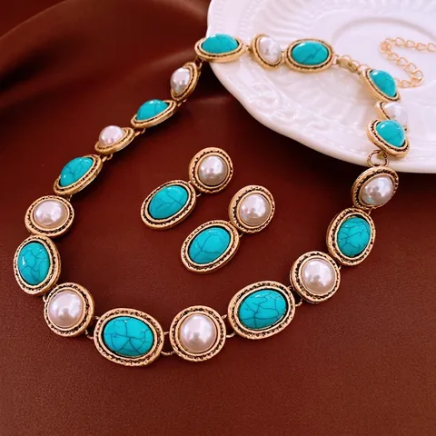 Collana E Orecchini Vintage Perla Artificiale Turchese Lega Stile Palazzo Retrò Gioielli Donna Elegante