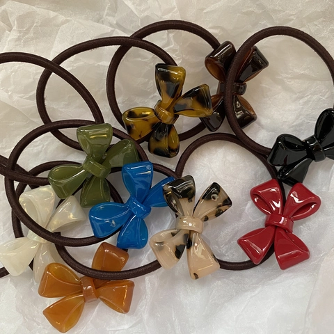 Korean Style Bow Hair Ties Acrylic Resin High Elastic Ponytail Holder For Women Girls Tortoiseshell Solid Color Accessories