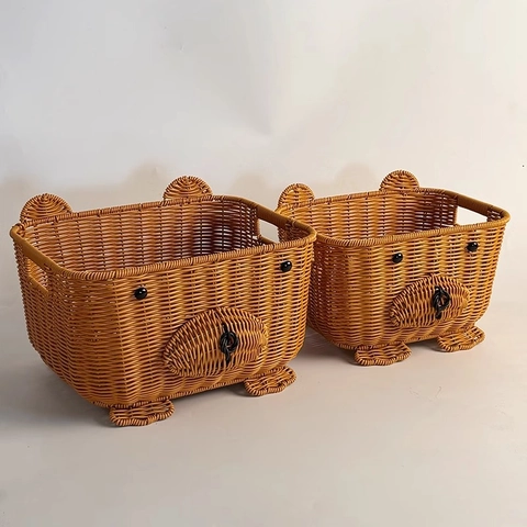 Cesto Portaoggetti Intrecciato Cartone Animato Animale Orso Mostro Organizzatore Scrivania Snack Frutta Arredo Casa Rattan Plastica