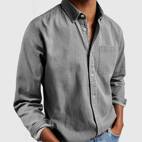 Men's Casual Long Sleeve Polyester Shirt Basic Lapel Top With Patch Pocket Solid Color Fashion Button Down Men Clothing