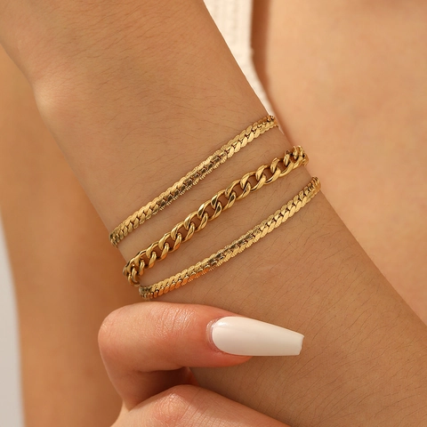 Multi Layer Chain Bracelet 18K Gold Plated Stainless Steel Snake Cuban Flat Link Adjustable Hip Hop Jewelry For Women