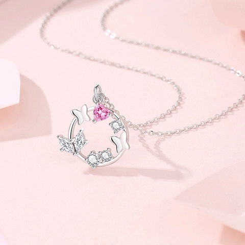 S925 Sterling Zilveren Vlinder Hart Hanger Halsketting Voor Vrouwen Roze Zirconia Ingelegde Luxe Zoete Sleutelbeenketing Sieraden Cadeau