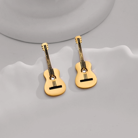 Pendientes de Botón de Acero Inoxidable con Forma de Guitarra para Mujer Bañados en Oro Diamantes de Imitación Joyas