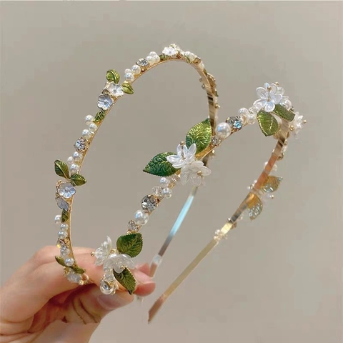 Diadema Elegante Flores Perlas Artificiales Aleación Esmalte Hoja Strass Cinta Pelo Dulce Accesorio Boda Fiesta Para Mujeres