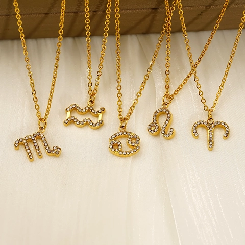 Sternzeichen Anhänger Halskette Edelstahl 18K Vergoldet Zirkon Inlay Astrologie Schmuck Für Damen Herren Mode Geschenk