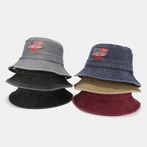 Chapeau Bob En Coton Lavé Vintage Avec Drapeau USA Et Broderie USA Protection Solaire Extérieur Unisexe Style Rétro