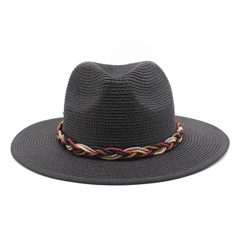 Women Woven Straw Fedora Hat With Multi-Color Braided Band Breathable Wide Brim Sun Protection Summer Beach Vacation Travel