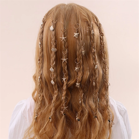 Gold Metal Dreadlock Hair Rings Ocean Sea Turtle Starfish Shell Mermaid Tail Braid Accessories For Kids Girls