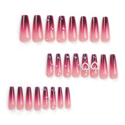 Uñas Postizas Largas Tipo Ataúd Ombré Vino Tinto Degradado Con Corazón De Perla Artificial Y Diamantes De Imitación
