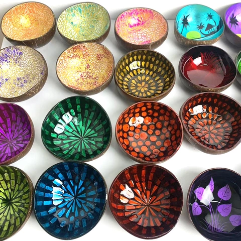 Natural Coconut Shell Bowl Shell Inlay Mosaic Hand Painted Tropical Pattern Eco Friendly Storage Candy Dish Home Decor