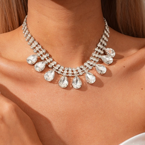 Luxus Strass Wassertropfen Schmuck Kollektion Legierung Mehrreihige Halskette Und Ohrringe Für Frauen Hochzeit Party Bankett