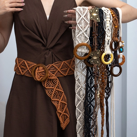 Bohemian Handmade Woven Belt Women Ethnic Waist Rope With Wood Beads Alloy Butterfly Shells Tassels Adjustable Accessory
