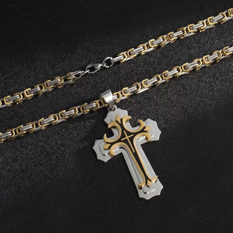 Cross Pendant Necklace Stainless Steel Double Layer Byzantine Chain Religious Gothic Punk Jewelry For Men