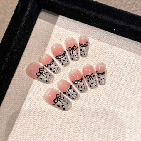 Handmade French Style Press On Nails Pink Gradient Silver Glitter Bow Knot Polka Dot Sweet Fake Nails With Tool Kit