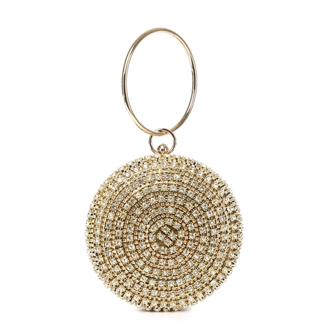 Women Luxury Round Evening Clutch Bag Rhinestone Metal Ring Handle Shiny Party Handbag Alloy Hard Shell Wedding