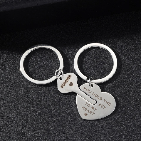 Stainless Steel Heart Key Keychain Forever Engraved Couple Keyring Valentine Day Gift Love Romance Accessory Jewelry