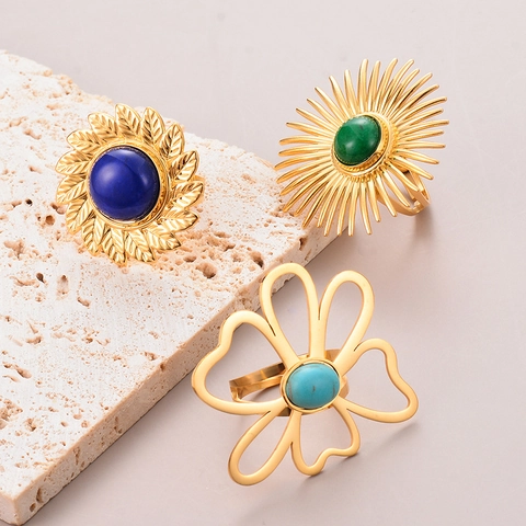 Vintage Stainless Steel Turquoise Flower Open Ring Gold Plated Waterproof Sun Leaf Statement Adjustable Finger Ring Women Jewelry