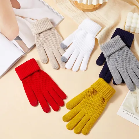Women Winter Warm Knit Gloves Thickened Touchscreen Gloves With Pineapple Texture Five-finger Thermal Outdoor Riding Gloves