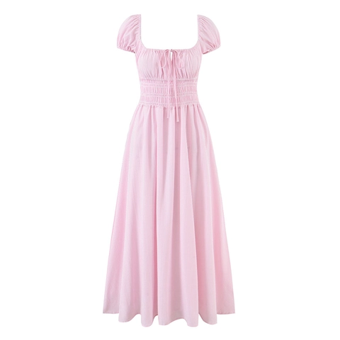 Gestreiftes Midikleid Mit Eckigem Ausschnitt Und Puffärmeln Gesmoktes A-Linien-Kleid Baumwollmischung Für Damen