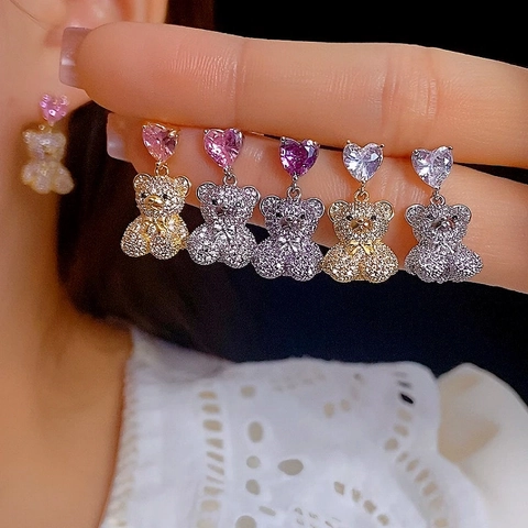 Cute Bear Heart Zirconia Stud Earrings For Women With 925 Sterling Silver Earring Post Fashion Luxury Animal Copper Jewelry