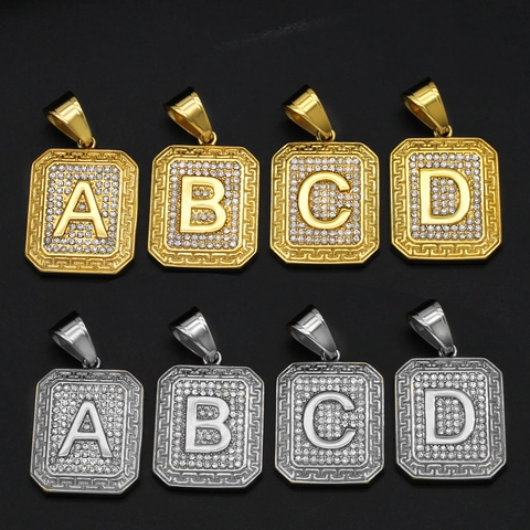 Collier Pendentif Lettre Acier Inoxydable Iced Out Strass Motif Grec Bijoux Hip Hop Mode Pour Hommes Et Femmes