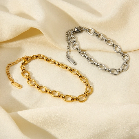 Oval Link Chain Bracelet Stainless Steel Polished Geometric Adjustable Minimalist Jewelry For Women Men
