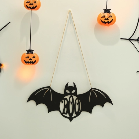 Halloween Κρεμαστά Διακοσμητικά Πόρτας Σιδερένια Μάγισσα Κολοκύθα Και Νυχτερίδα Σιλουέτα Boo Διακοσμητικό Τοίχου Μαύρο