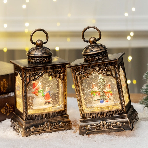 Linterna De Navidad Bola De Nieve LED Bronce Vintage Purpurina Muñeco De Nieve Decoración Escritorio Adorno Fiesta