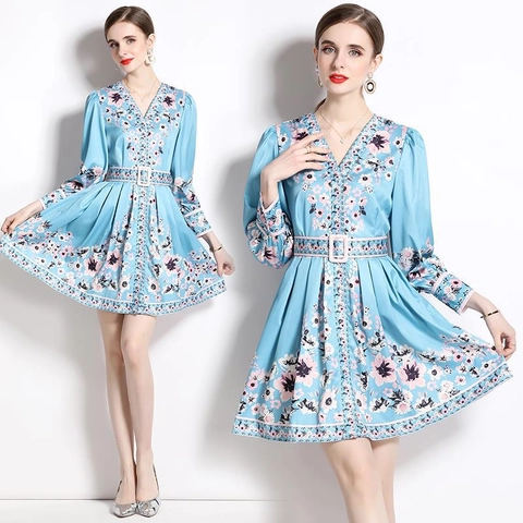 Bloemen Mini-Jurk V-Hals Lange Mouwen Met Riem Retro Elegant Blauw Polyester Kort A-Lijn Slank Kleedje Voor Dames