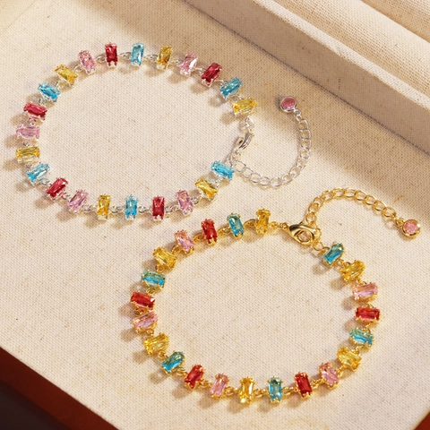 Pulsera De Circonita Colorida Cobre Chapado En Oro Cristal Arcoíris Rectángulo Redondo Ajustable Joyería Mujer