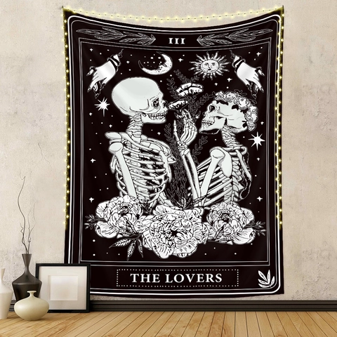 Tarot Tapestry The Lovers Wall Hanging Polyester Skull Rose Flower Sun Moon Gothic Bohemian Room Decor Aesthetic