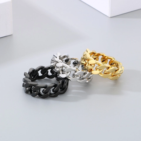 Cuban Link Ring Stainless Steel Geometric Chain Design Punk Hip Hop Jewelry For Men And Women