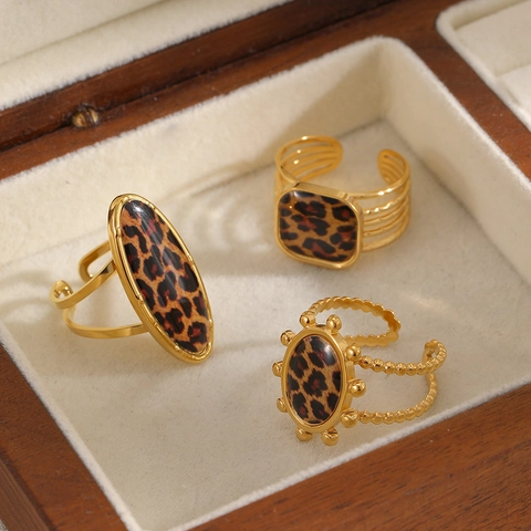 Leopard Muster Edelstahl Ringe Vintage Verstellbar Offen Geometrisch Vergoldet Schicker Schmuck Für Damen