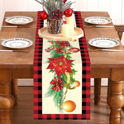 Christmas Table Runner Polyester Buffalo Plaid Poinsettia Bell Holiday Party Kitchen Dining Decor Festive