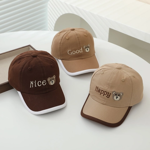 Toddler Kids Baseball Cap Cotton Blend Cartoon Bear Embroidery Sun Hat Contrast Piping Adjustable Headwear