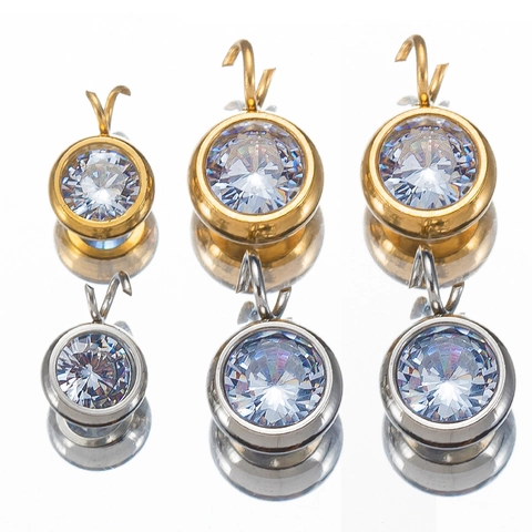 Round Zircon Pendants Stainless Steel Gold Plated Clear Crystal Birthstone Charms DIY Jewelry Making Findings Accessories