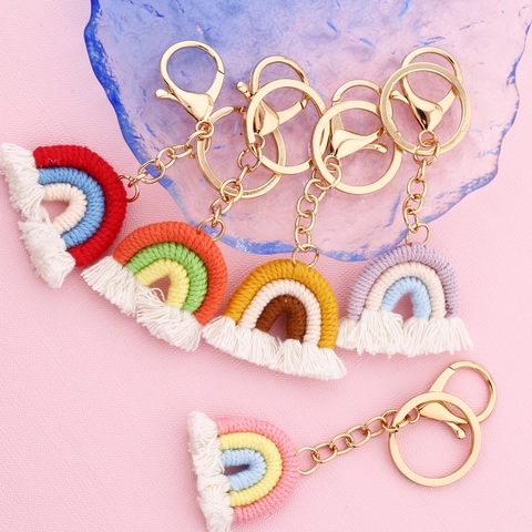 Handgemachter Gewebter Regenbogen Schlüsselanhänger Baumwollseil Mit Quaste Boho Stil Auto Tasche Anhänger