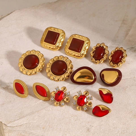 Vintage Stud Earrings Stainless Steel Red Agate Zircon Waterproof Hypoallergenic Retro Geometric Jewelry For Women