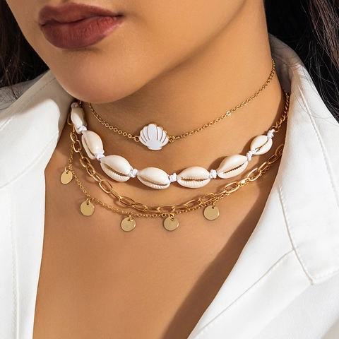 Bohemian Layered Necklace With Artificial Pearl Starfish Shell Pendants Zinc Alloy Electroplated Beach Vacation Jewelry