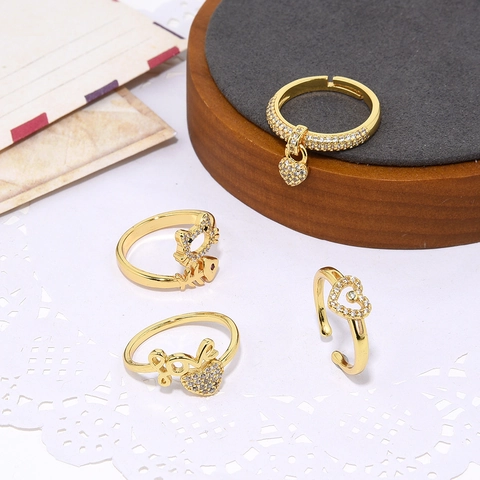 Women Adjustable Open Rings Copper 18K Gold Plated Cubic Zirconia Inlaid Heart Love Cat Fishbone Trendy Jewelry Gift